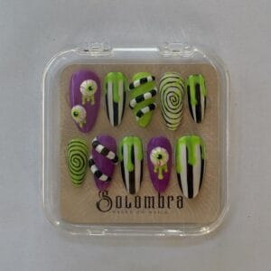 boite de rangement press on nails Beetlejuice faux ongles halloween amande M vert fluo violet et 3d