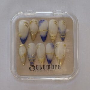 boite de rangement press on nails cleo faux ongles siletto M bleu jaune et doré