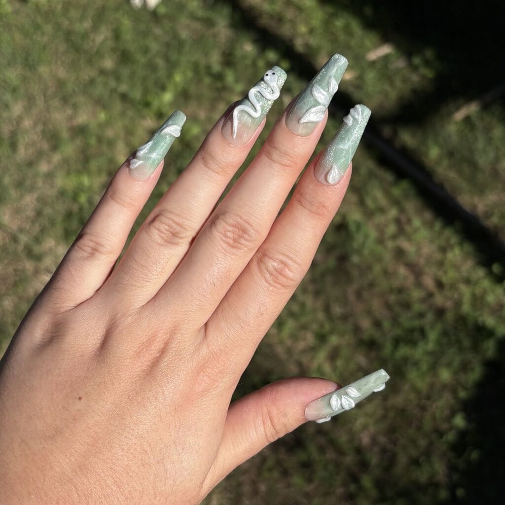 set de press on nails eve faux ongles ballerine L vert cat eyes et 3d