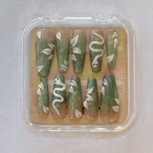 boite de rangement press on nails eve faux ongle ballerine L vert cat eyes et 3d